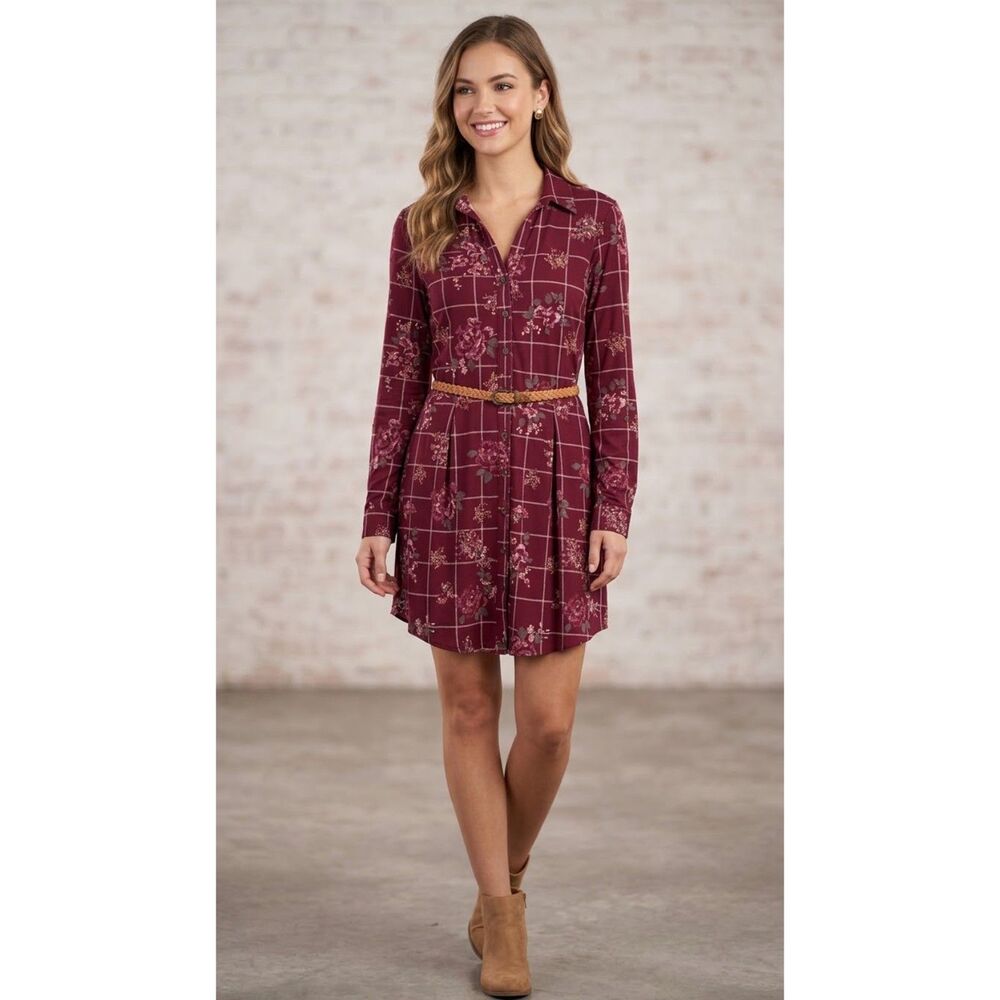 NWOT! Derek Heart Women's V Neck Burgundy Floral Dress size L Perfect for Fall!
